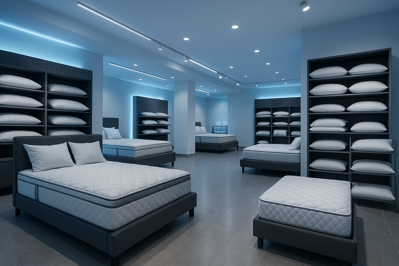 Create pillow and mattress showroom, must be realistic and lighting should be in cool tone