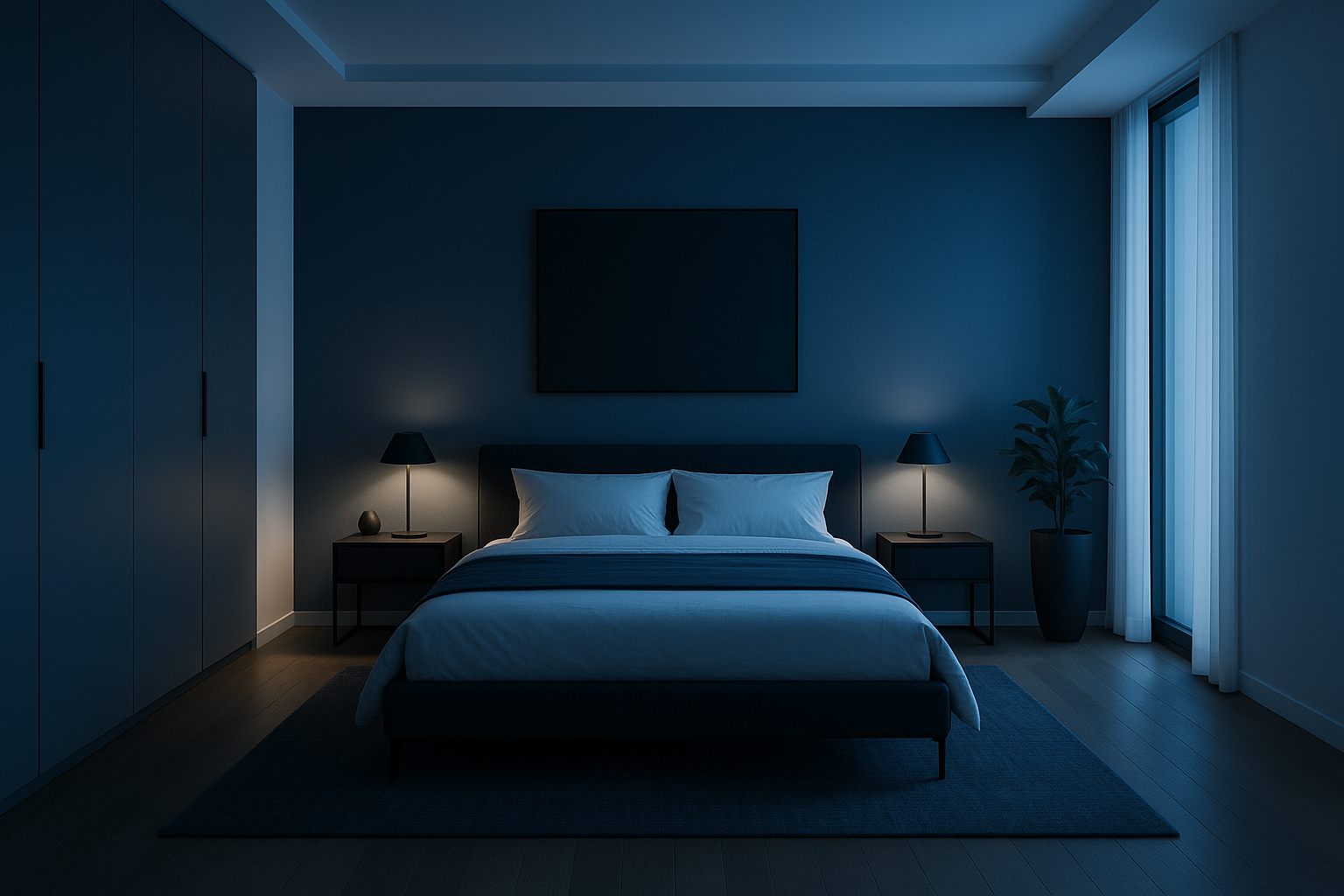 Create a bedroom image with bed in center, and image should be square, use black, blue and white colors. Also lighting should be cool tone